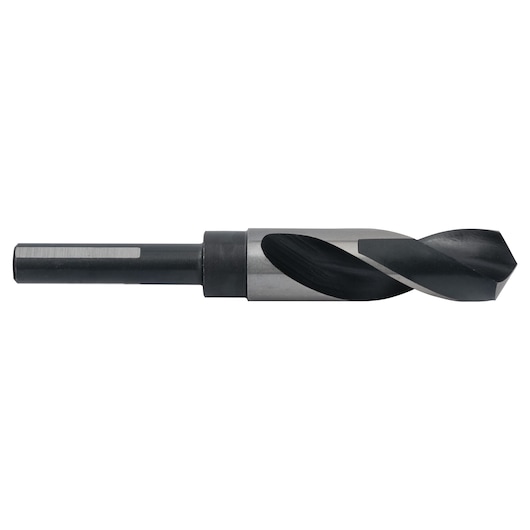 IRWIN 91156 black and silver drill bit, side view, with straight shank and spiral flute, on white background.