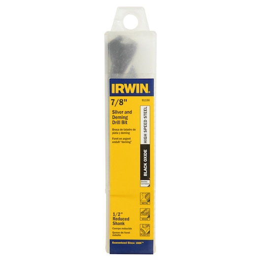 IRWIN 91156 Silver and Deming drill bit in plastic case, black oxide high-speed steel, 7/8 inch, front angle.