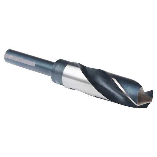 IRWIN 91158 silver and black twist drill bit, side angle on white background, metal cutting accessory.