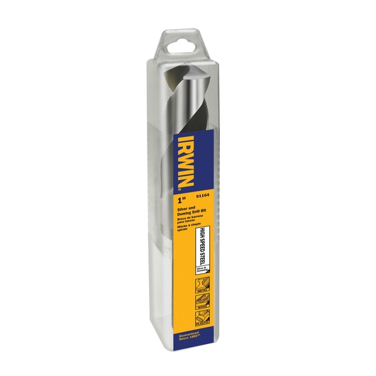 Photo of IRWIN 91164 silver and deming drill bit in packaging, 1 inch size, upright angle, white background.