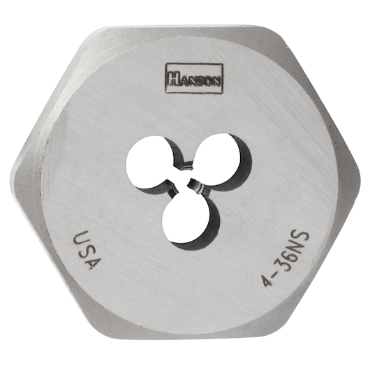 IRWIN 9311 hexagonal steel thread die, HANSON marking, silver finish, front angle on white background.