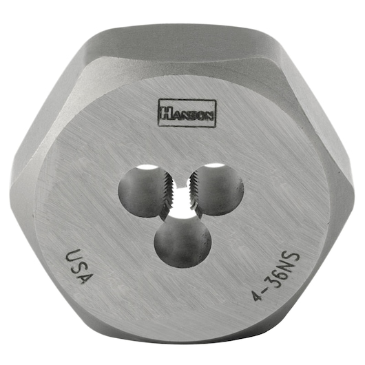 IRWIN 9311 round adjustable die, silver metal, hexagonal shape with three threading holes, top view on white background.