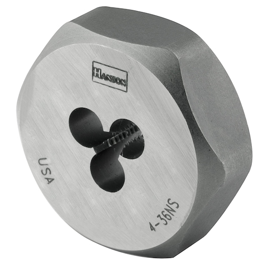 IRWIN 9311 round steel threading die, silver color, close-up angle on white background.