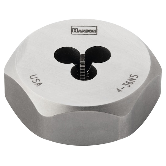IRWIN 9311 round threading die, silver steel, angled view on white background.