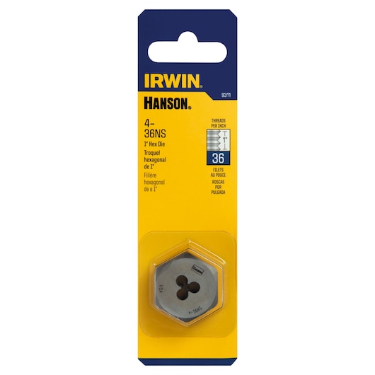 IRWIN 9311 hex die in retail packaging, yellow and blue color, size 1 inch, 36 threads per inch, front angle.