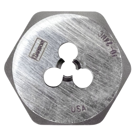 IRWIN 9328 hexagonal steel die, metallic finish, photographed from above on white background.
