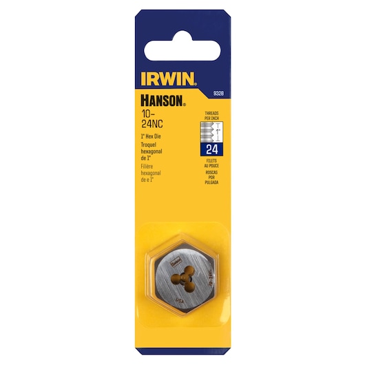 IRWIN 9328 hex die 1 inch, 10-24NC, packaged in yellow and blue card, front angle, thread cutting tool.