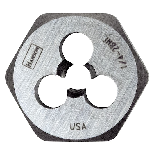 IRWIN 9423 hexagonal steel threading die close-up with engraved markings on white background.