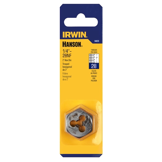 IRWIN 9423 HEX die 1/4"-28NF in yellow and blue packaging, front angle on white background.