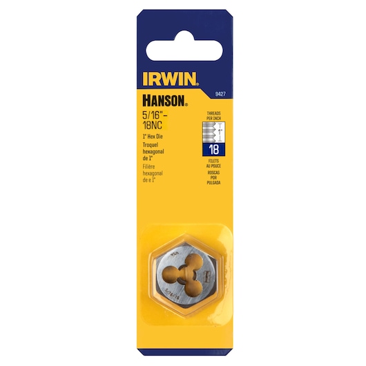 IRWIN 9427 hex die in retail package, 5/16 inch - 18NC thread, yellow and blue front angle.