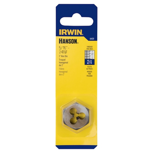IRWIN 9429 photography of 1 inch hex die in yellow and blue retail packaging, front angle.