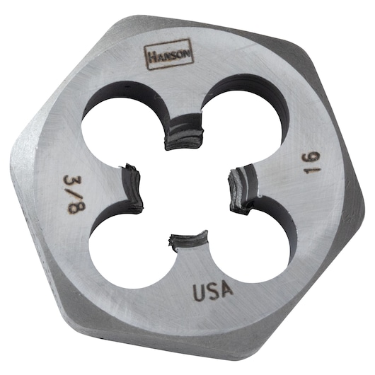 Photo of IRWIN hexagonal steel threading die, SKU 9434, with size markings 3/8-16, front angle on white background.