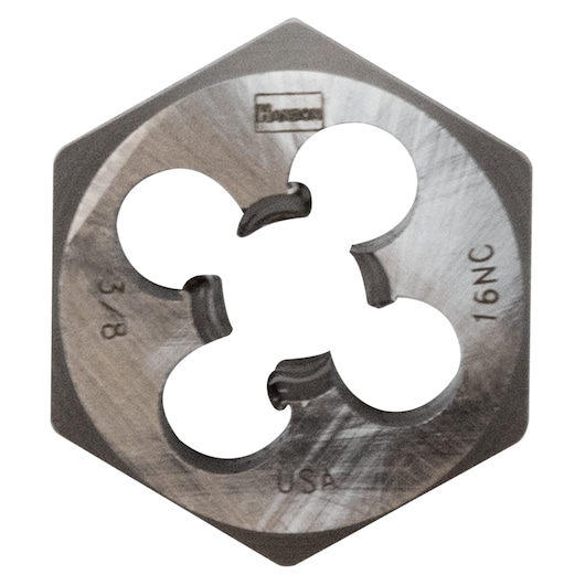 IRWIN 9434 hexagonal steel die tool, 3/8 inch 16NC, close-up on white background.