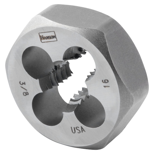 IRWIN 9434 round metal die for threading, close-up on white background, marked 3/8-16 Hanson USA.