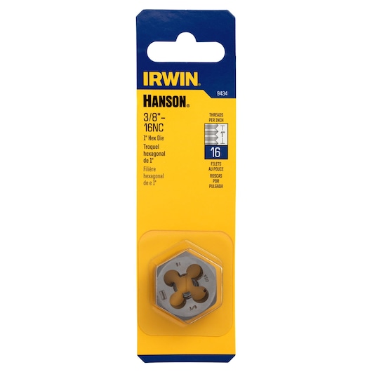 IRWIN 9434 hex die 3/8 inch-16NC in yellow and blue retail packaging, front angle.