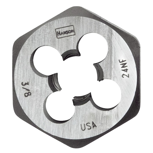 IRWIN 9436 hexagonal steel threading die, 3/8-24NF size, close-up, on white background.