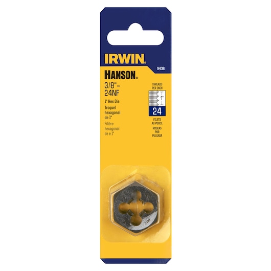 IRWIN 9436 3/8"-24NF hex die in yellow and blue packaging, front angle on white background.