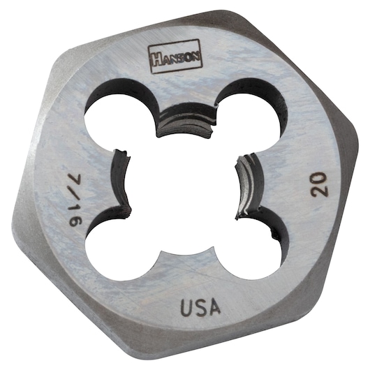 IRWIN hexagonal steel die 9440 for threading, silver finish, close-up on white background.