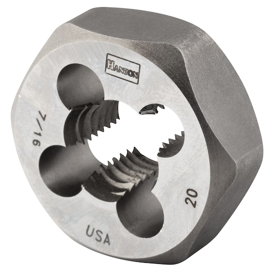 IRWIN 9440 metal hex die with threaded holes, close-up angle, used for cutting external threads.