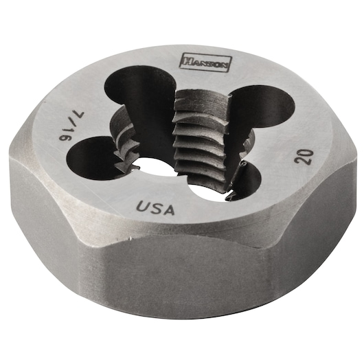 Photography of IRWIN 9440 round threading die, steel, 7/16-20 size, close-up on white background.