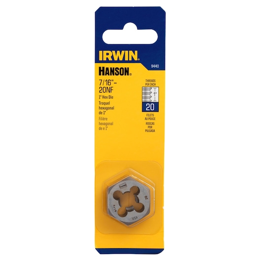 Photo of IRWIN 9440 hex die 7/16"-20NF in yellow and blue retail packaging, front angle, clear display window.