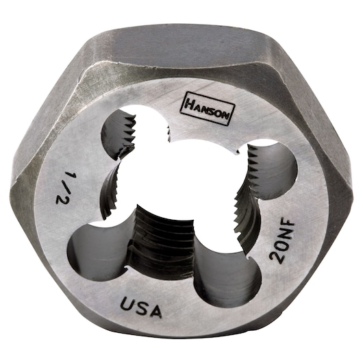 Photo of IRWIN 9445 hex die, silver steel with internal threading, viewed from above on white background.