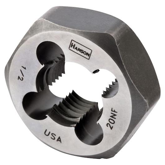 IRWIN 9445 hex steel die for threading, silver and black, angled view on white background.