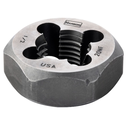 IRWIN hexagonal threading die 9445 for cutting 1/2-20NF threads, close-up on white background.