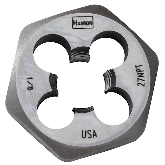 IRWIN 9502 hexagonal pipe die, silver metal tool with engraved markings, product photographed from above.