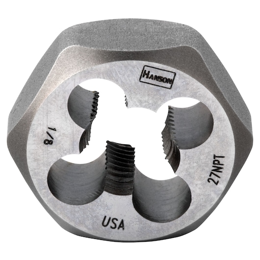 IRWIN hex die 9502 metal threading tool, silver color, hexagonal shape, front angle on white background.
