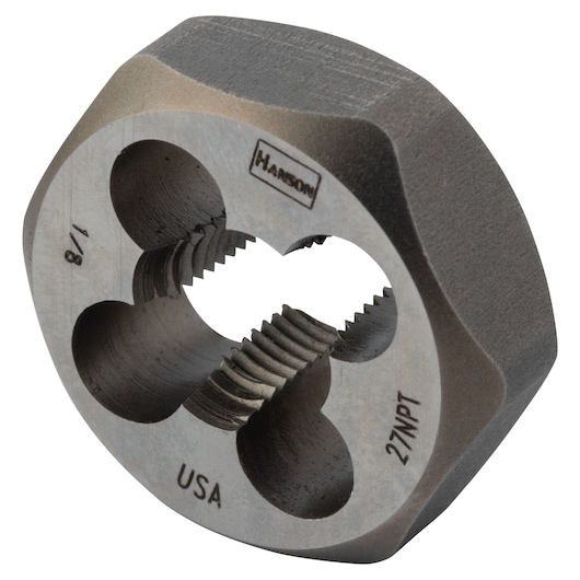 IRWIN 9502 round threading die, metal, angled view on white background.