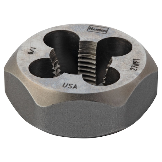 IRWIN 9502 round steel threading die, 27 NPT, photo on white background.