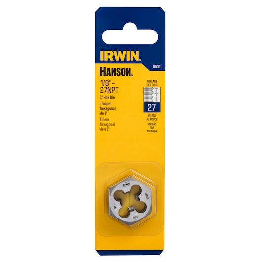 IRWIN 9502 hex die 1/8"-27NPT in retail packaging, angled front view, metal tool with branding visible.