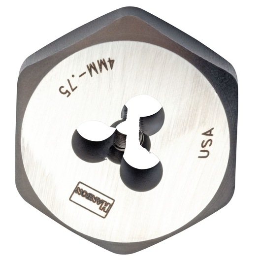 IRWIN threading die M4 x 0.75 steel, hex shape, close-up on white background, 9718.