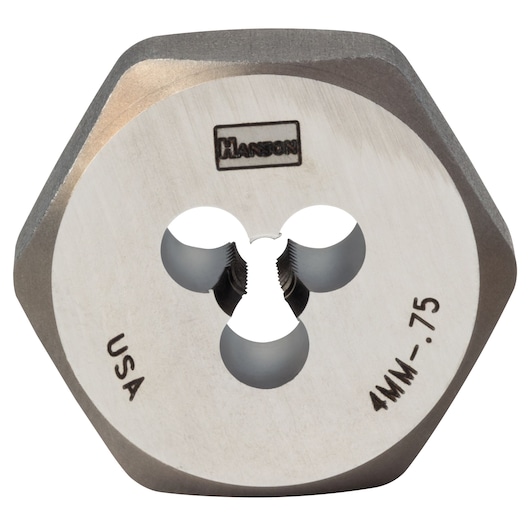 Photo of IRWIN 9718 hexagonal steel threading die, 4MM-0.75 size, with Hanson branding, close-up on white background.