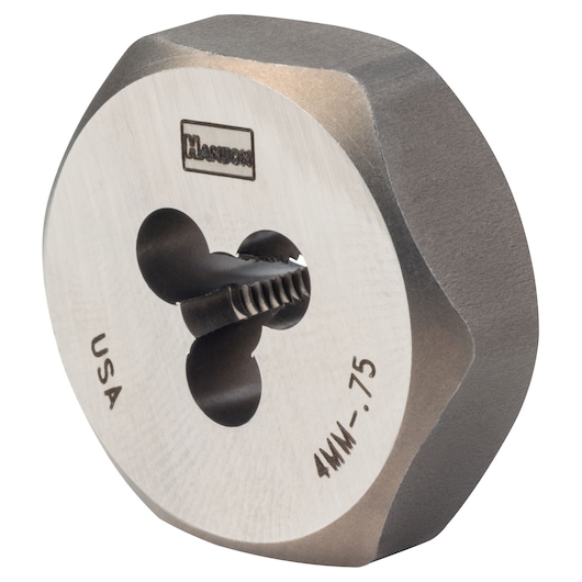 IRWIN 9718 hexagonal steel die for threading, silver metallic finish, close-up angled on white background.