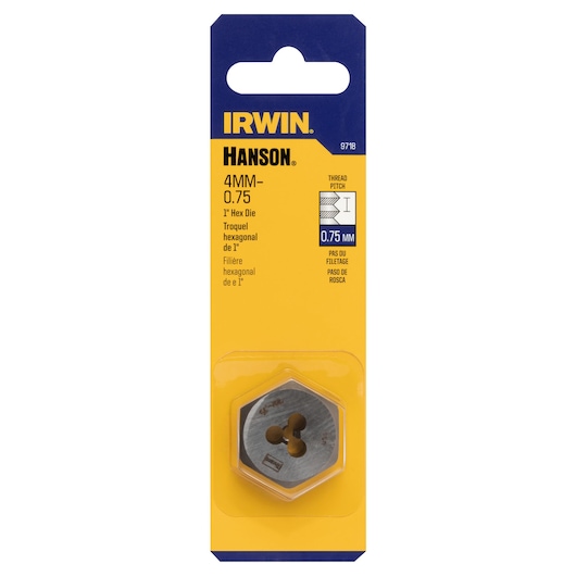 IRWIN 9718 hex die 4mm-0.75 in silver, in original yellow and blue packaging, front angle, photography product