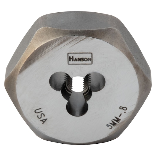 IRWIN 9722 round threading die, silver metal, front angle, HANSON branding, 5MM-8 marking, photography.
