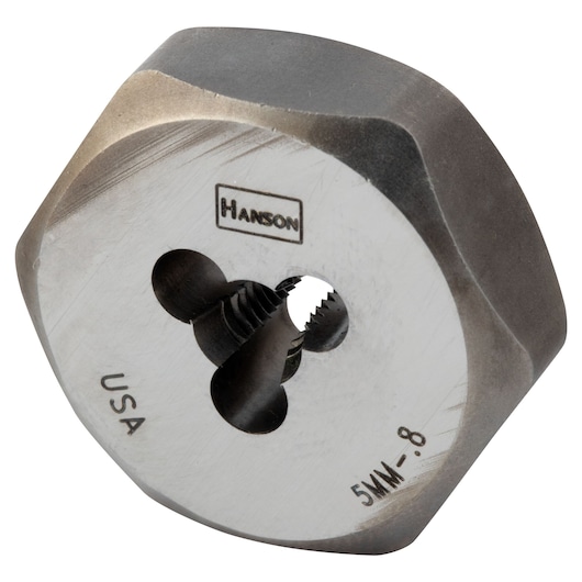 IRWIN 9722 round steel die for threading, marked 5MM-8 and HANSON, close-up angle on white background.