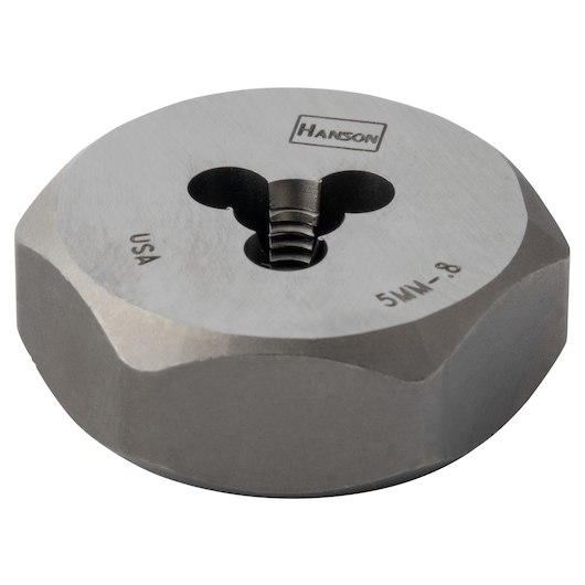 IRWIN Hanson round steel die, 9722, for threading, silver metal, front angle on white background.