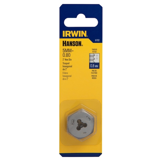 IRWIN 9722 hex die 5mm x 0.80mm in yellow and blue retail packaging, front angle, for threading.