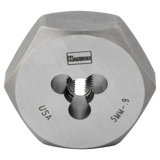 IRWIN Hanson hexagonal threading die silver, 5mm-0.9, close-up front angle, SKU 9723, on white background.