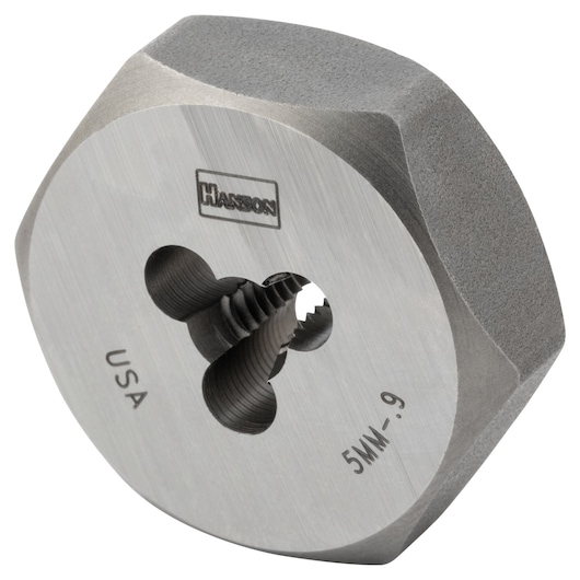 IRWIN 9723 hexagonal steel die, silver with engraved markings, close-up angle on white background.