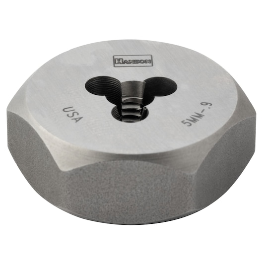 IRWIN HANSON round threading die, silver metal, 5MM-0.9 marking, close-up angle, SKU 9723.