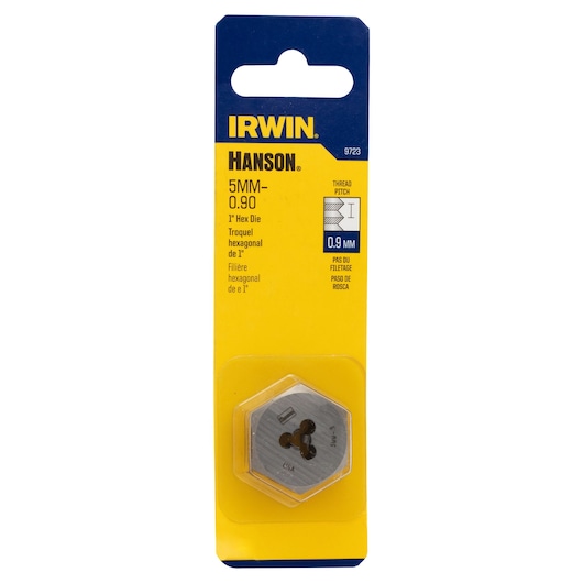 IRWIN 9723 hex die, 5mm x 0.90 in packaging, front view, yellow and blue card with visible thread pitch diagram.