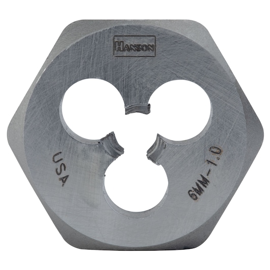 IRWIN hexagonal steel die, SKU 9727, close-up on white background, marked 6MM-1.0, used for threading.