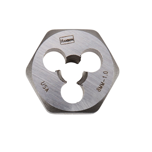 IRWIN 9733 round hexagonal die, silver metal, marked 8MM-1.0, close-up on white background, photography product.