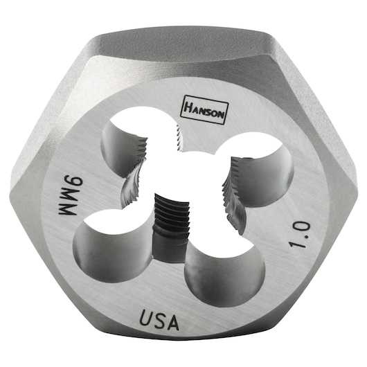 IRWIN hexagonal steel die, silver finish, close-up, SKU 9736, threading tool, white background.