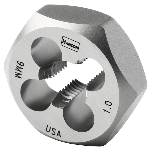 IRWIN 9736 round metal threading die, marked WW6, 1.0, USA, close-up angle, photography with white background.