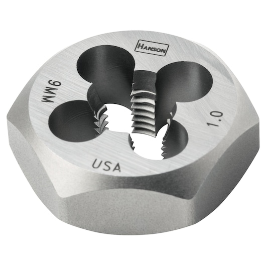 IRWIN 9736 round steel threading die with Hanson branding, shown angled on white background.